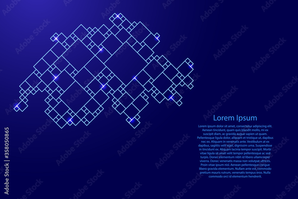 Poster switzerland map from blue pattern from a grid of squares of different sizes and glowing space stars.