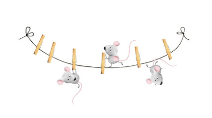 Cute little gray mouses nice and rope. Positive illustration, clip art, scrapbooking graphic white isolated