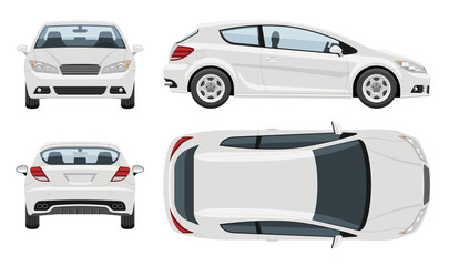 White hatchback car vector template with simple colors without gradients and effects. View from side, front, back, and top. 