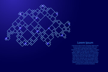 Switzerland map from blue pattern from a grid of squares of different sizes and glowing space stars. Vector illustration.