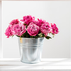 Bouquet of red roses in a tin bucket on a white wall background.