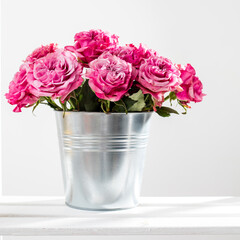 Bouquet of red roses in a tin bucket on a white wall background.