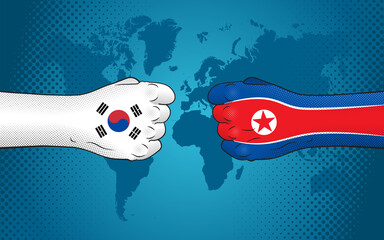 South Korea - North Korea relations. A fist in the colors of the North Korean flag opposite a fist in the colors of the South Korean flag