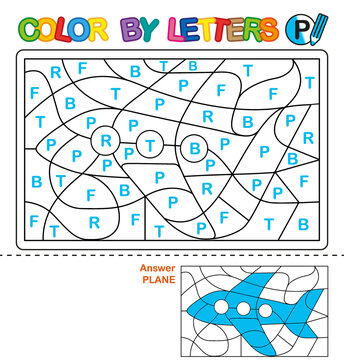 ABC Coloring Book for children. Color by letters. Learning the capital letters of the alphabet. Puzzle for children. Letter P. Plane