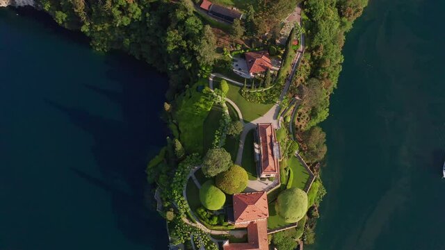 Aerial 4K - Villa del Balbianello, Town of Lenno, Lake Como, Italy