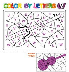 ABC Coloring Book for children. Color by letters. Learning the capital letters of the alphabet. Puzzle for children. Letter V. Violin.