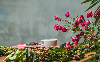 Coffee beans, coffee berries and a cup of coffee on the table.