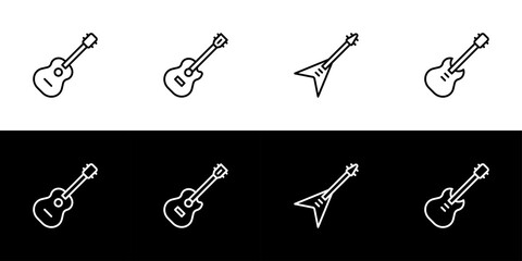 Guitar icon set. Flat design icon collection isolated on black and white background. Acoustic and electric guitar.