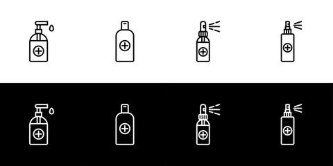 Hand sanitizer spray and gel icon set. Flat design icon collection isolated on black and white background.