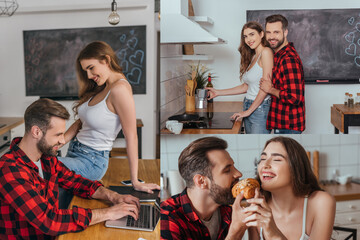 collage of happy young couple making coffee, eating croissant, and smiling freelancer working at laptop while girlfriend sitting on table