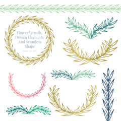 Hand drawn flower wreath, design elements and seamless shape pattern brushes set.
One style floral design elements collection.
