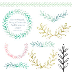 Hand drawn flower wreath, design elements and seamless shape pattern brushes set.
One style floral design elements collection.
