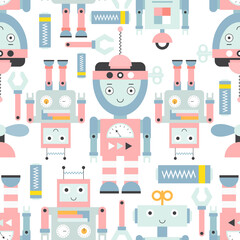 Seamless pattern with cute robots, transformer characters and tools in flat style. Vector Illustration. Kids poster for nursery design. Great for baby textile, clothing, wrapping paper.