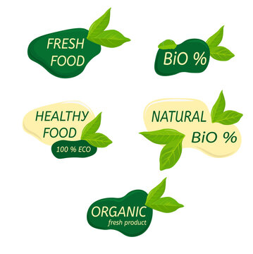 Eco logo. Organic healthy food labels and vegan products badge, nature farmed food tags. Vector design elements image gluten free and bio stickers or green tag natures quality isolated on a white back