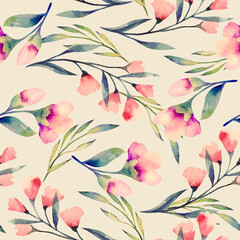 Gentle watercolor light pattern with pink flowers on a beige background