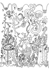Fototapeta premium Magic forest coloring page. Vector illustration for coloring. Outline illustration for coloring.