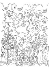 Magic forest coloring page. Vector illustration for coloring. Outline illustration for coloring.