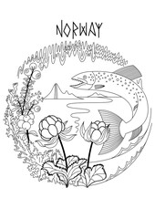 Wild Norway coloring page. Outline black and white coloring page. Vector illustration for coloring.