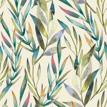 Watercolor pattern green palm branches hand drawn beige background