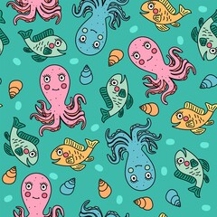 Vector seamless pattern-marine style. Cartoon octopuses and fish. Children's illustrated background. - 358053001