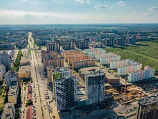 Modern residential area in Voronezh, aerial view from drone in summer day