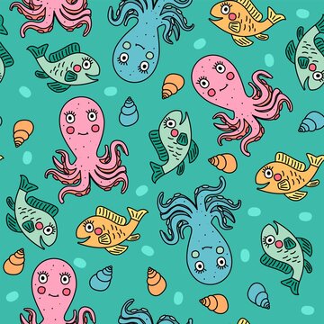 Vector seamless pattern-marine style. Cartoon octopuses and fish. Children's illustrated background.