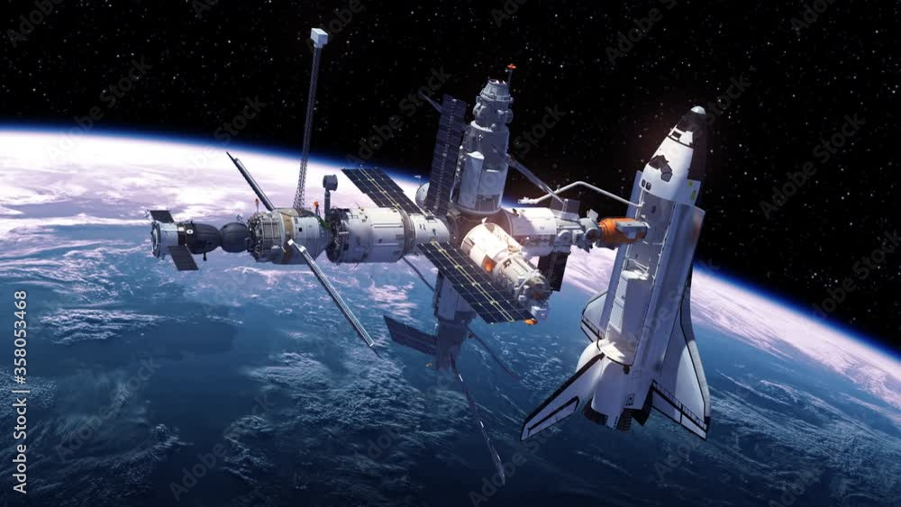 Wall mural space shuttle and space station orbiting earth. 3d animation. 4k. 3840x2160.