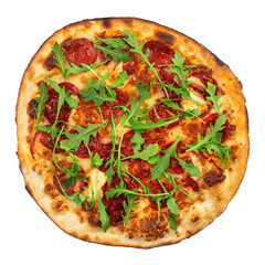 Top view of salami pizza on white