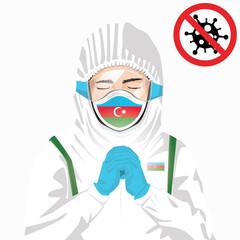 Covid-19 or Coronavirus concept. Azerbaijani medical staff wearing mask in protective clothing and praying for against Covid-19 virus outbreak in Azerbaijan. Azerbaijani man and Azerbaijan flag. 