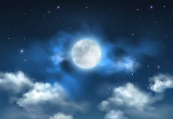 Vector beautiful blue night sky with glowing full moon, stars and clouds
