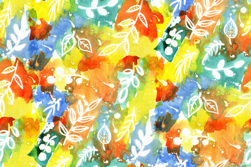 Watercolor Painting Camouflage Brush Strokes Ink Stains and Doodle Leaves Repeating Pattern Colorful Background
