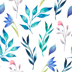 Seamless watercolor texture. Different colored twigs, leaves, flowers on a white background