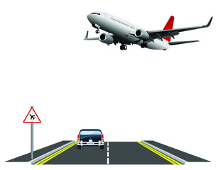 Low flying aircraft warning sign for road users with low flying passenger plane isolated on white background