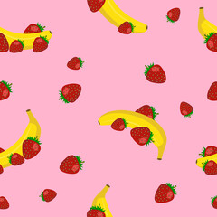 Colored seamless pattern. Summer vector background with bananas and strawberries on a pink background. For design of fabrics, packaging and wallpapers.
