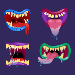 Collection of mouths of monsters. Scary monsters in cartoon style, in different positions, terrible emotions, facial expressions.