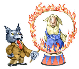 wolf maneger forces worker sheep to jump into fire isolated