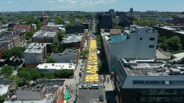 flying over BLM sign on Fulton St. in Bed Stuy Brooklyn