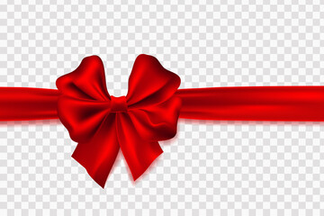 Decorative red bow with horizontal ribbon. Ribbon shiny satin with shadow for decorate your wedding invitation card or greeting card