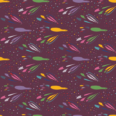 Colorful birds flying on purple night sky seamless vector pattern. Decorative surface print design for fabrics, wrapping paper, textiles, scrapooking, stationery, and packaging.