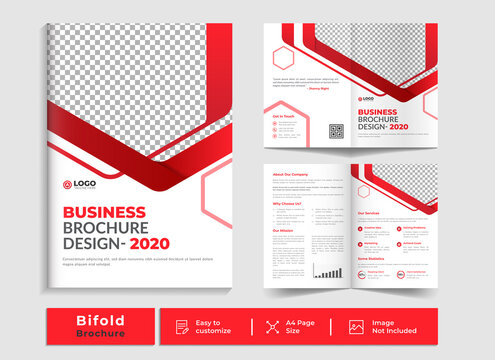 Modern red geometric corporate bifold business brochure template layout design, 4 page editable corporate brochure  A4 page template layout, minimal business brochure template design.