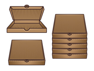 Cardboard pizza boxes set of vector objects