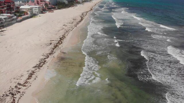 Beautiful aerial view of the paradise beach, Caribbean Sea and Gulf of Mexico in Cancun, Zona Hotelera.