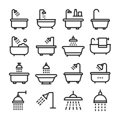 Bath, Bathroom, Bathtub, Shower Line Vector Icons Set 