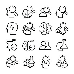 
Brain Magnifying, Brain Waves, Brain Gear, Brain Flask, Creative Mind Line Vector Icons Set 
