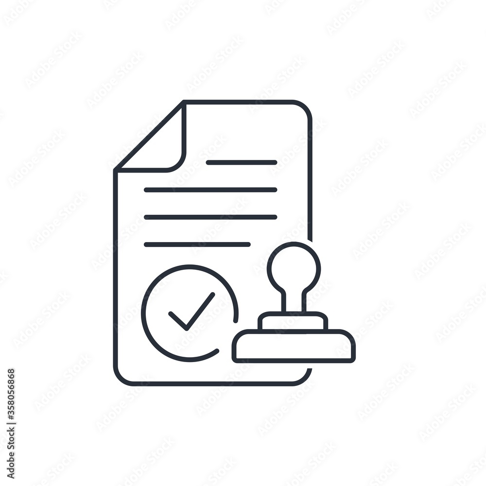 Poster document with stamp. approved, accepted document. vector linear icon isolated on white background.