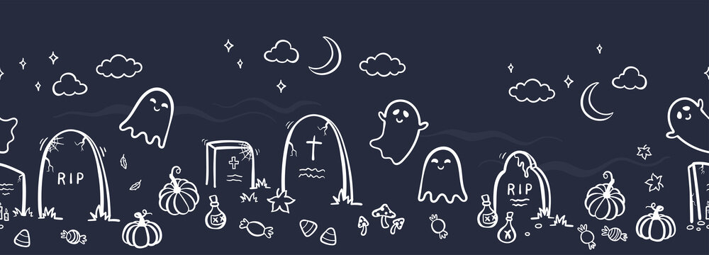 Fun hand drawn horizontal halloween seamless pattern with ghosts, graveyard, pumpkins - great for textiles, banners, wallpapers, wrapping - vector design