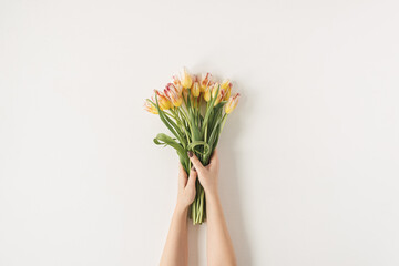 Women's hands holding tulip flowers bouquet against white wall. Holiday celebration, wedding background