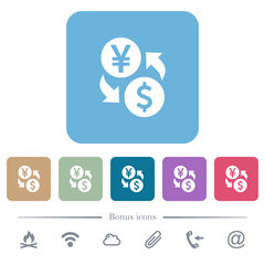 Yen Dollar money exchange flat icons on color rounded square backgrounds