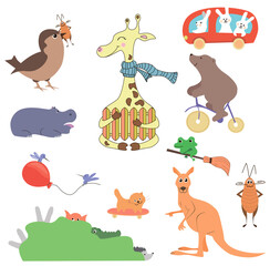 Vector set of cute wild animals in the forest fox, bear, hedgehog, rabbit, snail, deer, owl, bird, mouse. Vintage set.