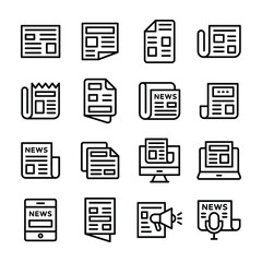 
Newspaper, Print Advertising, News Article, Electronic Media, Online Newspaper, Media Coverage, News Media, Journalism Line Vector Icons Set 
